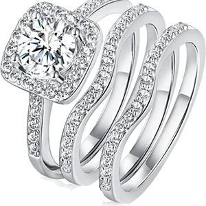 18K White Gold Plated Three-in-One Wedding Engagement Eternity Rings
